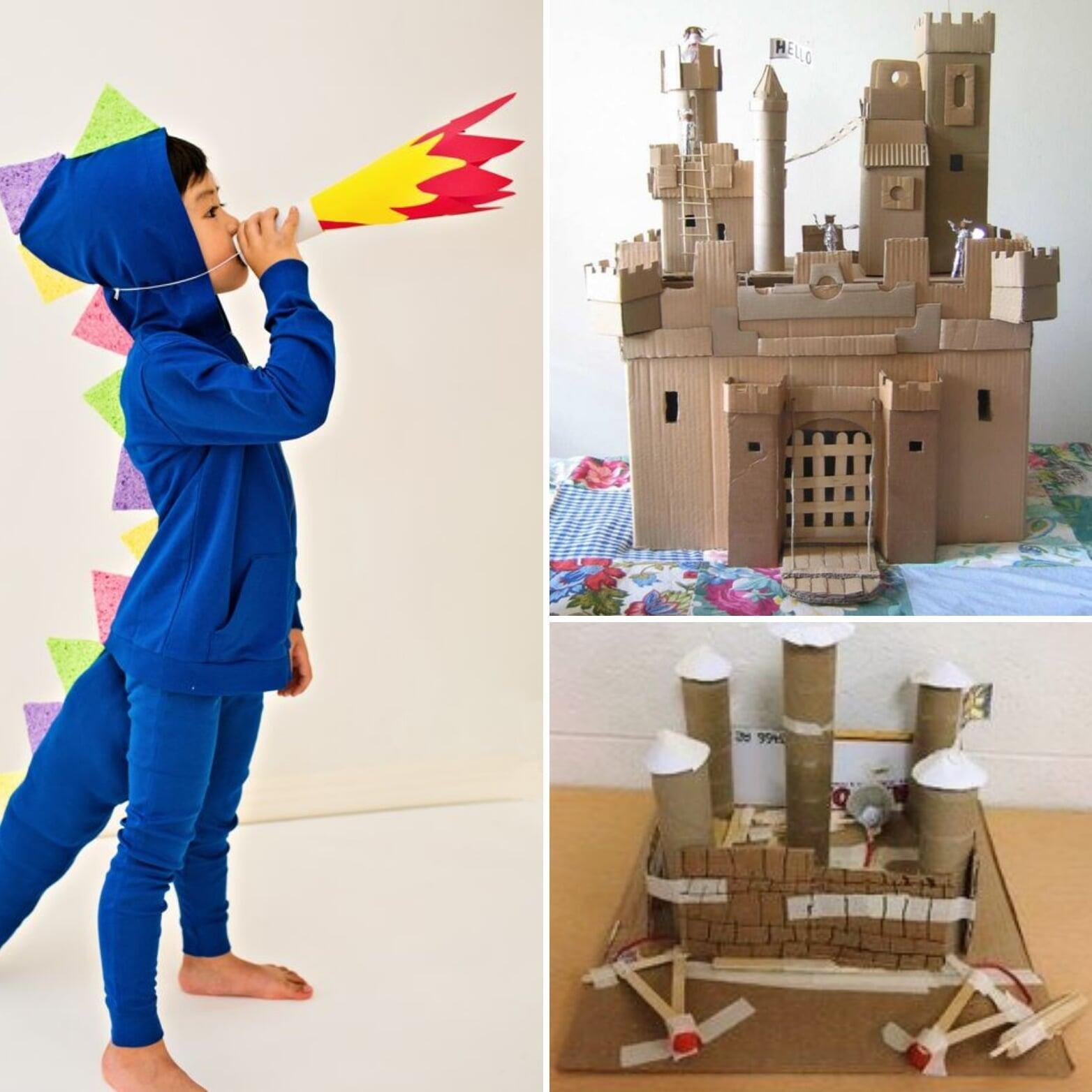 Child in home made dragon costume and examples of castle children have built