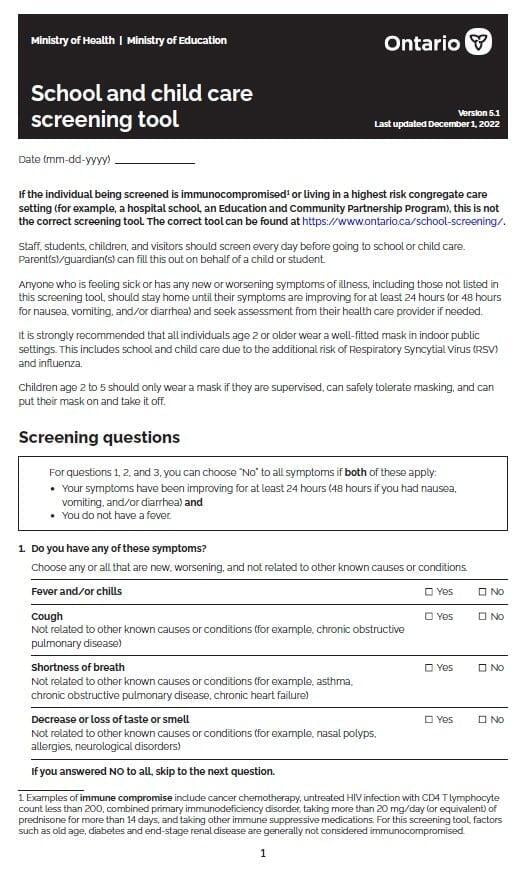 Ministry of Health COVID-19 Screening tool for Children - link to full pdf